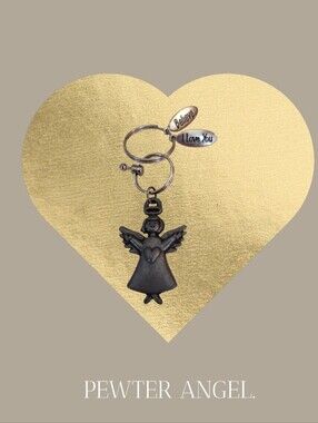 Pewter Angel Keychains + Believe & I Love You Real Silver Charms Gift Bag Pink